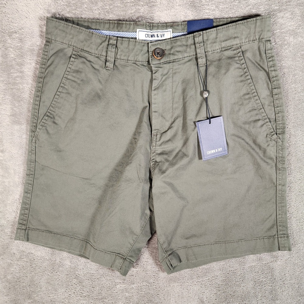 Crown & Ivy Chino Shorts Mens 30 Olive Green NEW Stretch 7-in Twill 3370200